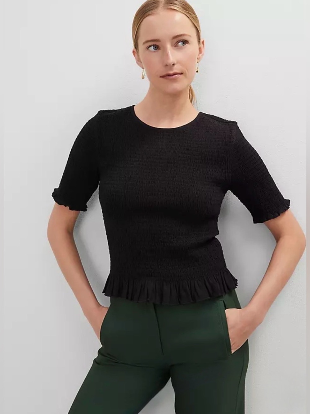 Ann Taylor Black Textured Ruffle-Sleeve Top